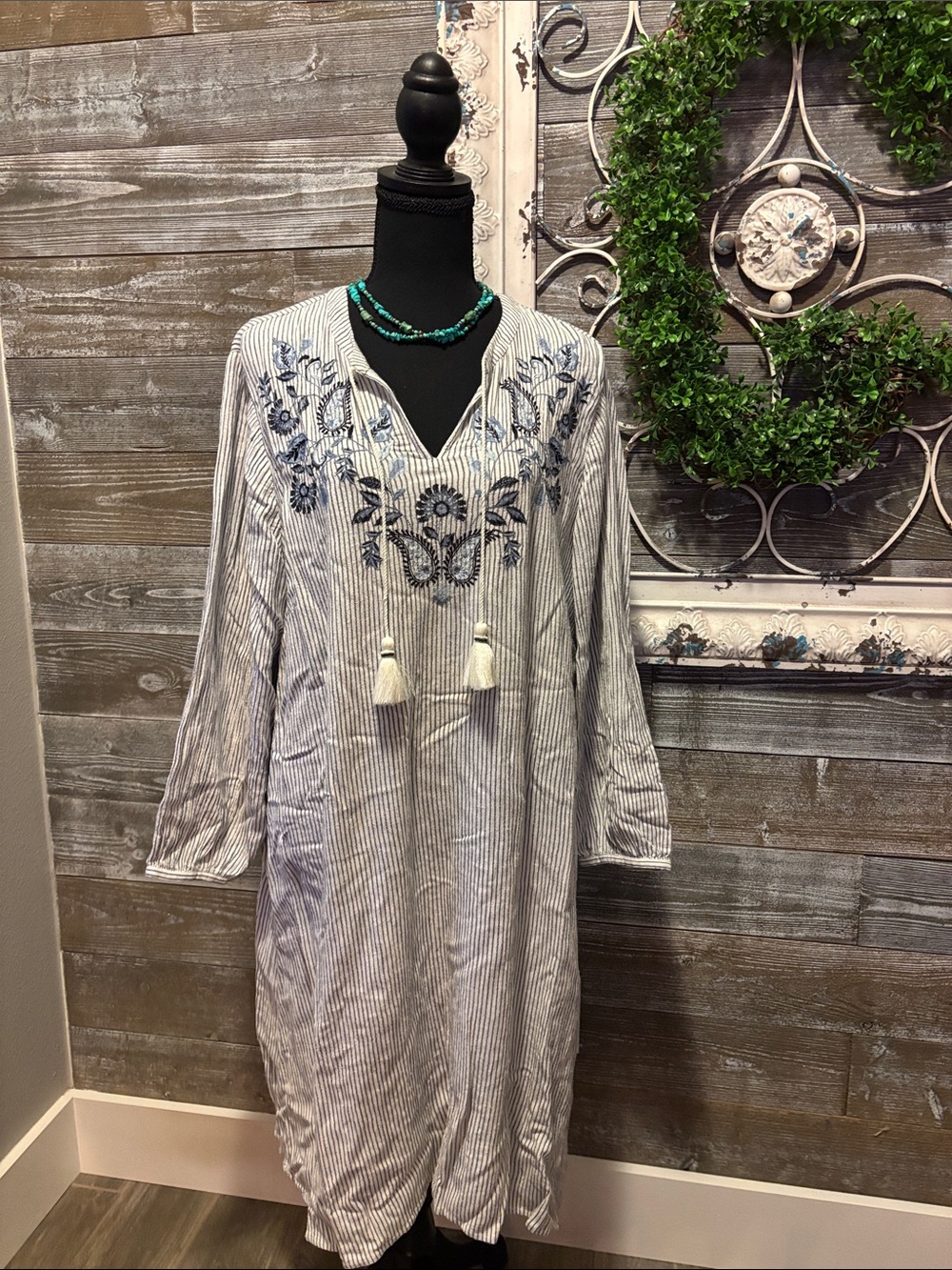 J. Jill (M-tall) Blue & White Striped Embroidered Tunic Dress with Tassel Tie